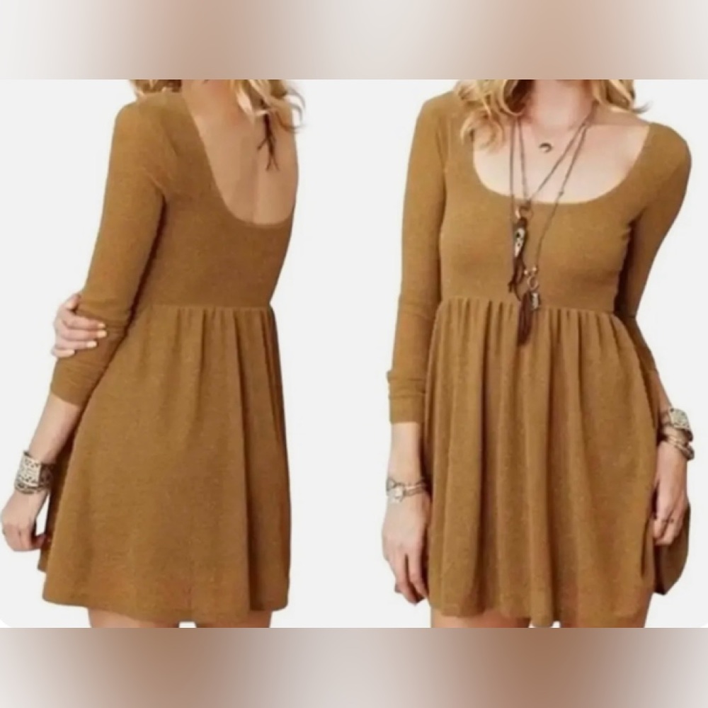 Free People Day & Night Gold Metallic Long Sleeve Babydoll Mini Dress Women’s S